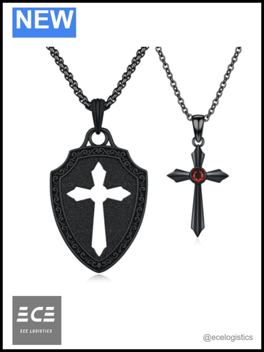 Gothic Shield Cross Necklace 2-Piece Set Stainless Steel Pendant Necklaces